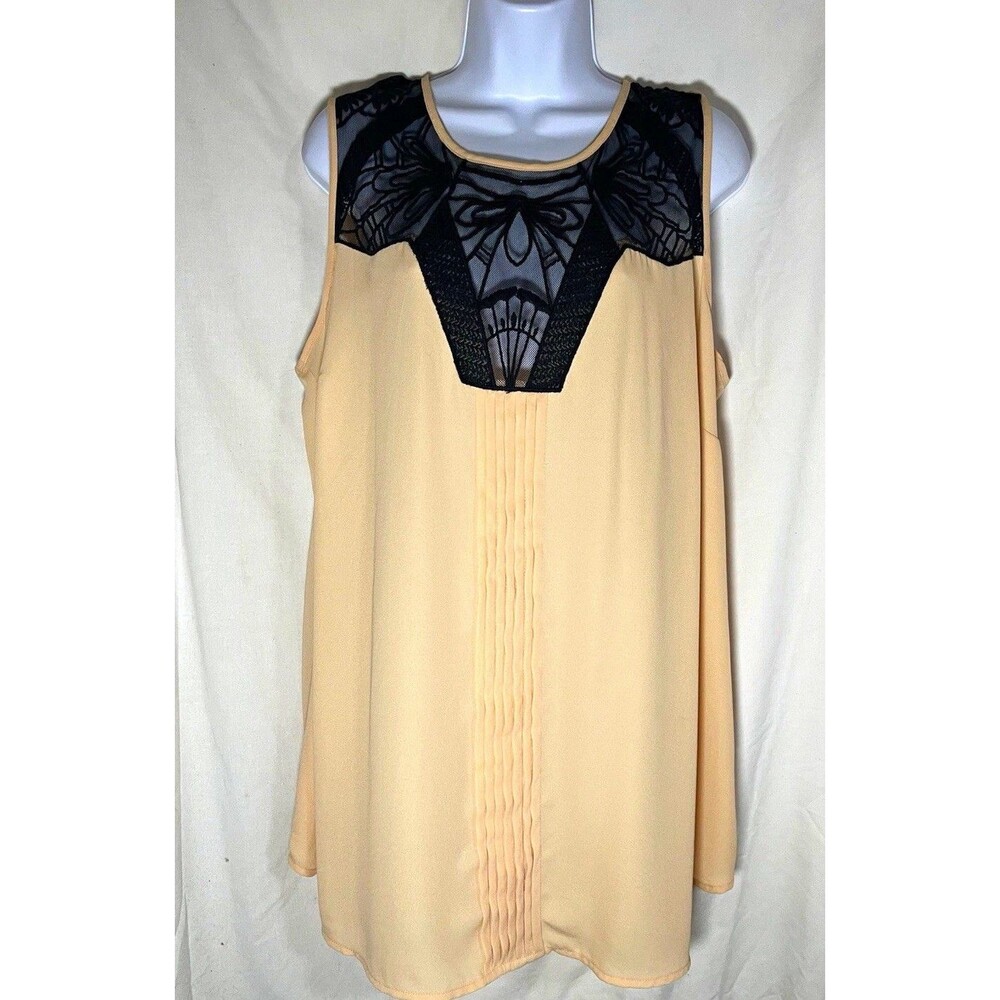 Daniel Rainn Blouse 1X Beige/Black Lace Yoke Pleated Front Zip